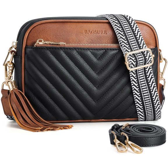 Bagsure Leather Crossbody Purses and Handbags for Women Shoulder Bag for Women Quilted Cross Body Bag for Woman with Two Wide Straps
