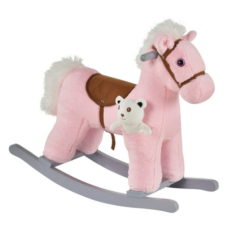 Qaba Kids Plush Ride-On Rocking Horse with Bear Toy, Children Chair with Soft Plush Toy & Fun Realistic Sounds, Pink