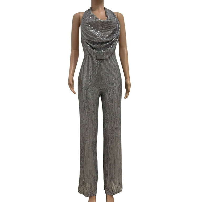 Hvyesh Formal Jumpsuits for Women Sequin Sparkly V Neck Jumpsuits