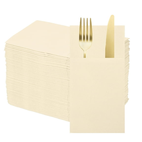 100 Pcs Disposable Linen Feel Napkins with Built-in Flatware Pockets, Paper Dinner Napkins for Knife and Forks Beige