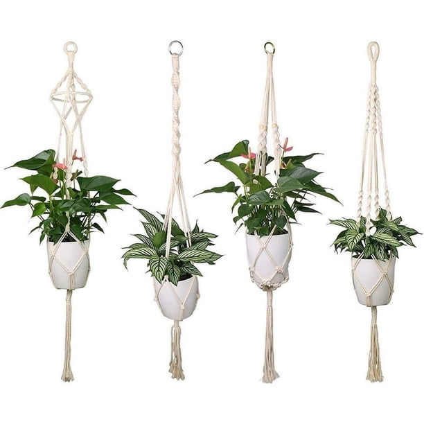 Juego de 4 cestas colgantes de macramé con cuerda de algodón, cestas colgantes para flores, soporte para plantas, 41 pulgadas, 4 patas