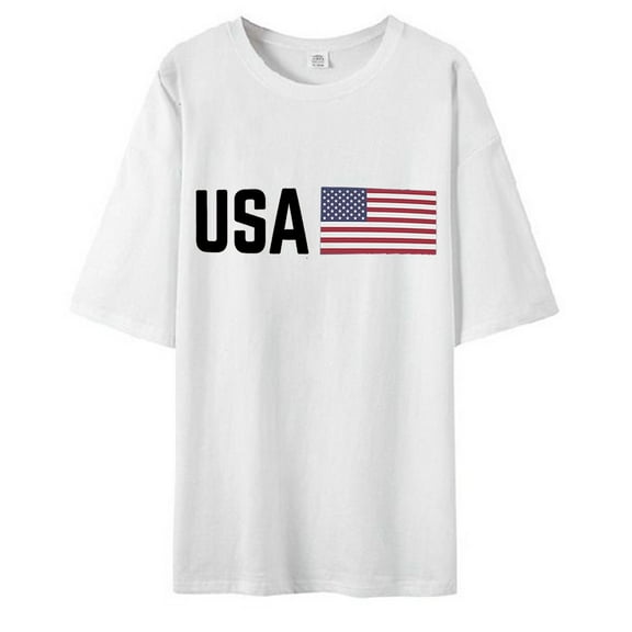 MIXUE 4th Of July Shirts For Men Summer Independence Day Flag Print Crew Neck Short Sleeve Casual Pullover Tops Tshirts Outwear,White,M