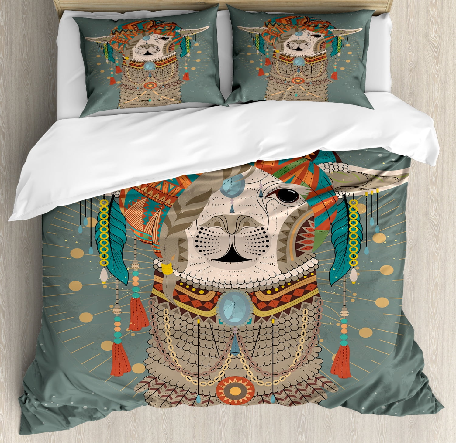 Llama Duvet Cover Set King Size, Colorful Headwear Wearing Llama with Accessories Earrings