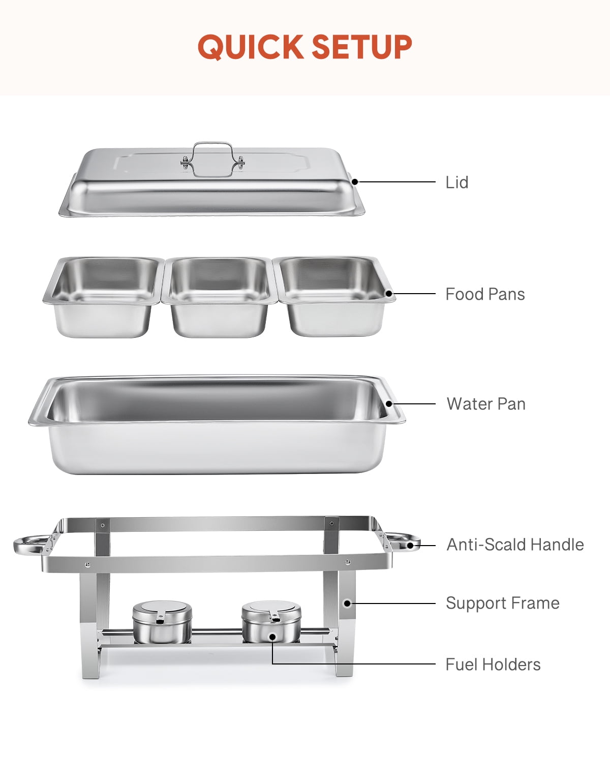 Wilprep 4-Pack Chafing Dish Buffet Set, 8Qt Stainless Steel Foldable Catering Food Warmer 1/3 Size Food Pan