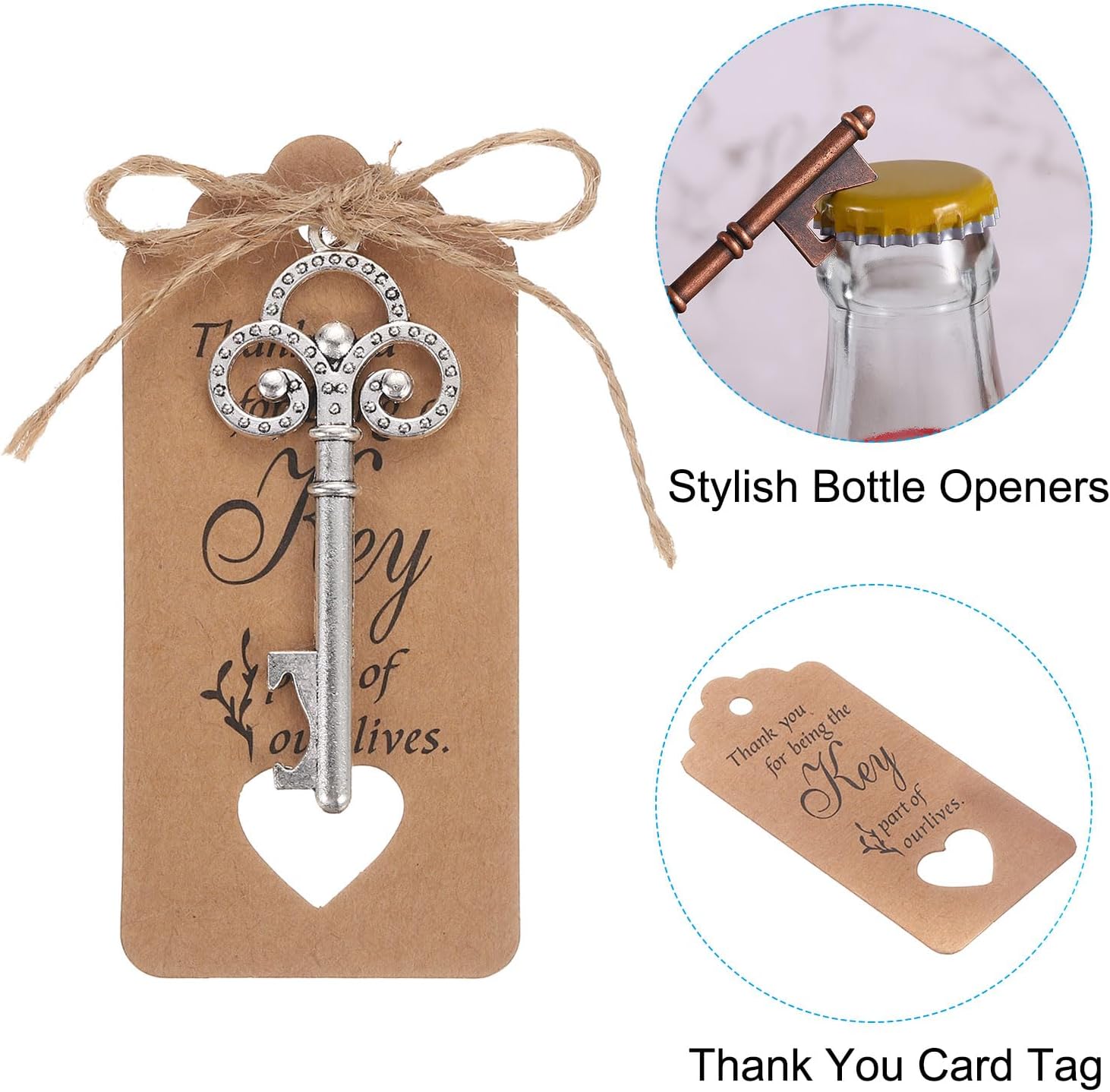 MKEUDQ-10 Pcs Vintage Key Bottle Openers Wedding Party Favor Souvenir Gift Set with Thank You Tag, Organza Bags, Rope for Guests,Silver