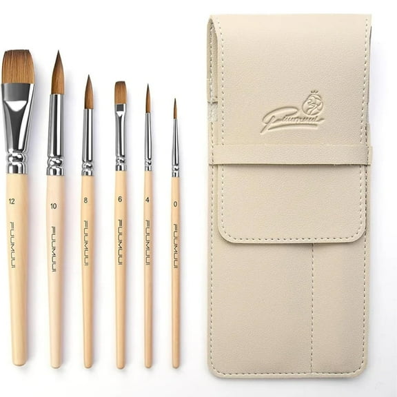Sable Travel Watercolor Brushes, Fuumuui 6pcs Kolinsky Sable Watercolor Travel Brushes with Short Handles - Detail Liner Pointed Round Flat Wash Mop for Watercolor Gouache Ink Painting