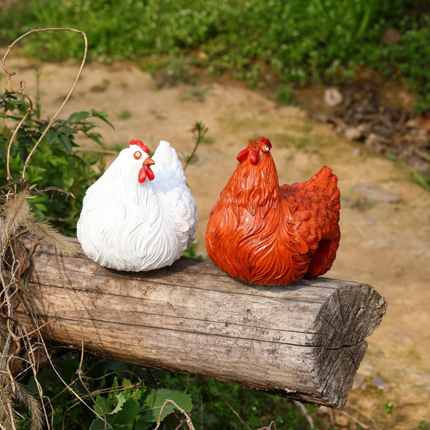 Chickens Statue Funny Yard Decor:Resin Chicken Figurines,Tree Fence Decorations Outdoor,Chicken Decorations for Garden,Farm,Patio,Backyard (Orange)