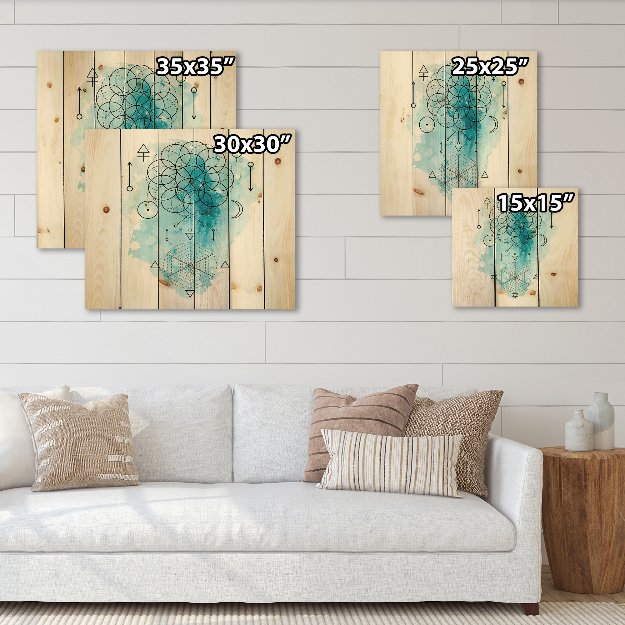 Designart 'Sacred Geometry and Symbol of Alchemy I' Bohemian & Eclectic Print on Natural Pine Wood