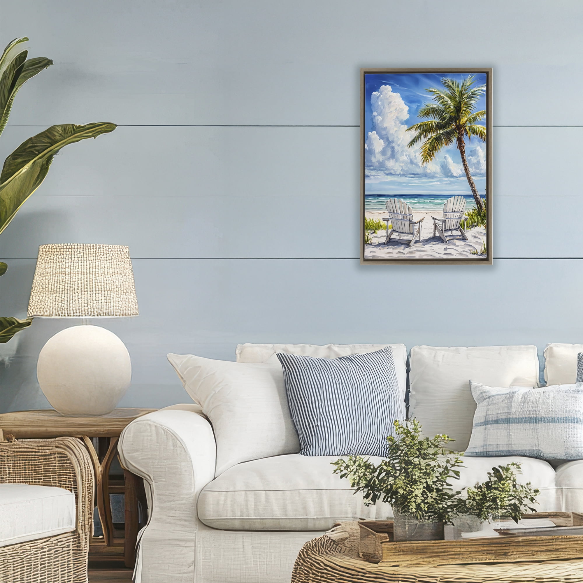 Stupell Industries Clouded Beach with Looming Palm Brown Framed Floater Canvas Wall Art, design by Petal Prints Design