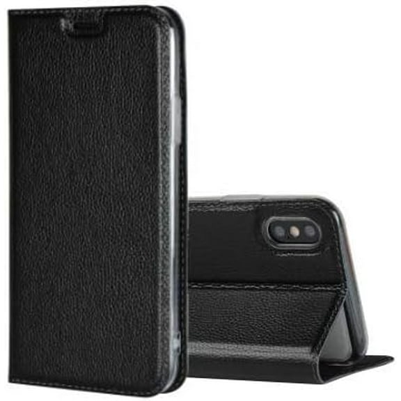 Genuine Leather Case Slim Folio Book Cover with Credit Card Slots,Kickstand Feature Stand Holder,Magnetic Closure [TPU Shockproof Interior Protective Case] for Apple iPhone Xs,Black
