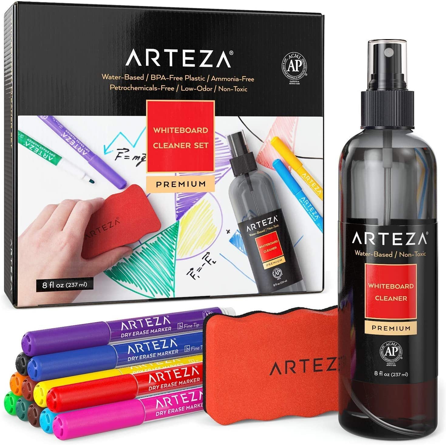 Arteza Set of 12 Fine Tip Dry Erase Markers, Eraser, and