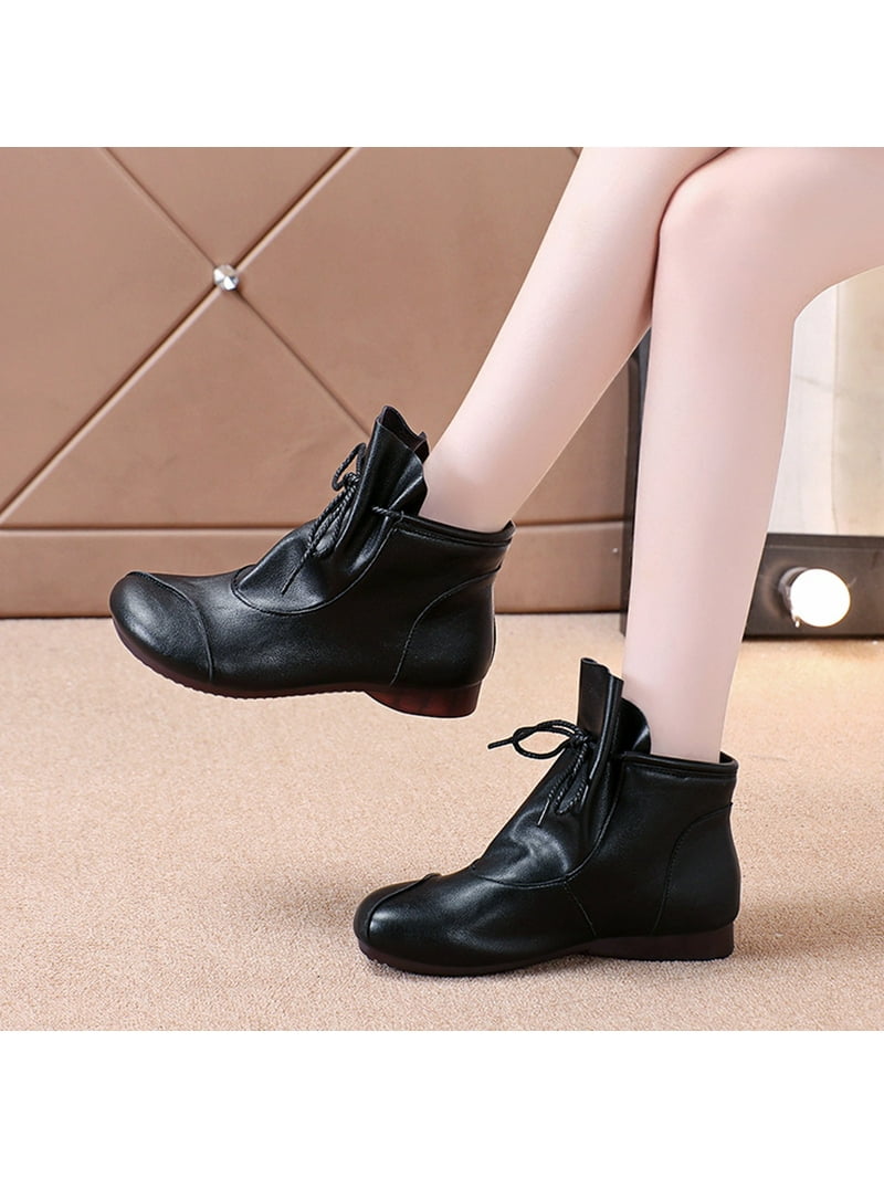 Ladies Casual Comfort Boots Shoes Fashion Autumn Women Ankle Boots Low Heel Flat Soft Round Toe Lace Up Solid Color Comfortable Casual Style Walmart.com