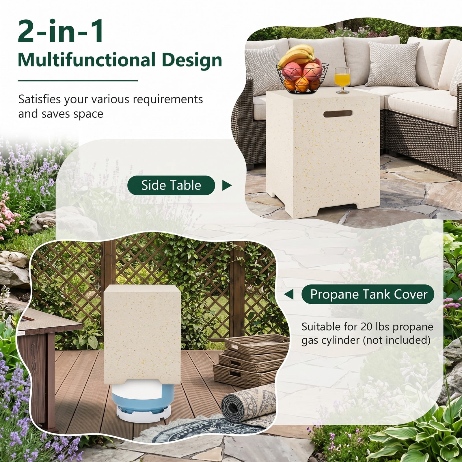 Biotree 2-in-1 Propane Gas Tank Cover Side Table with Protective Polyester Cover, Terrazzo Outdoor Patio End Table for 20 lb Tank, Indoor Accent Table, White