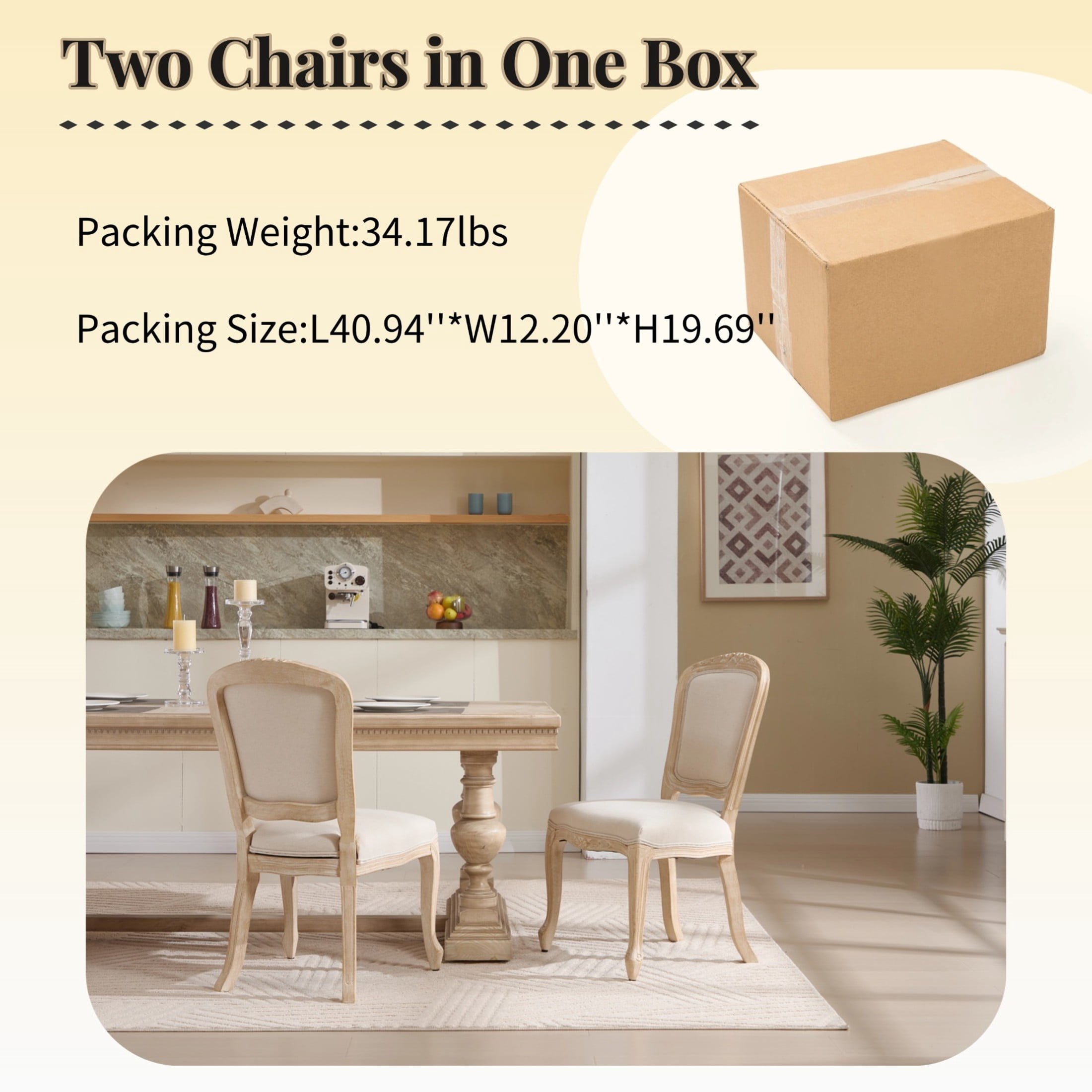 Noble House French Country Dining Chairs with Cushion Back and Carved Wood Frame for Living Room, Beige, Set of 2
