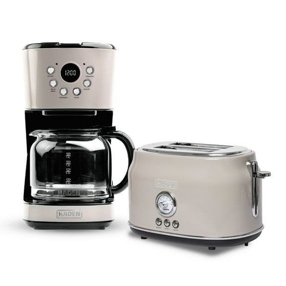 Haden Coffee Maker & Dorset 2 Slice Wide Slot Toaster, Putty & Chrome