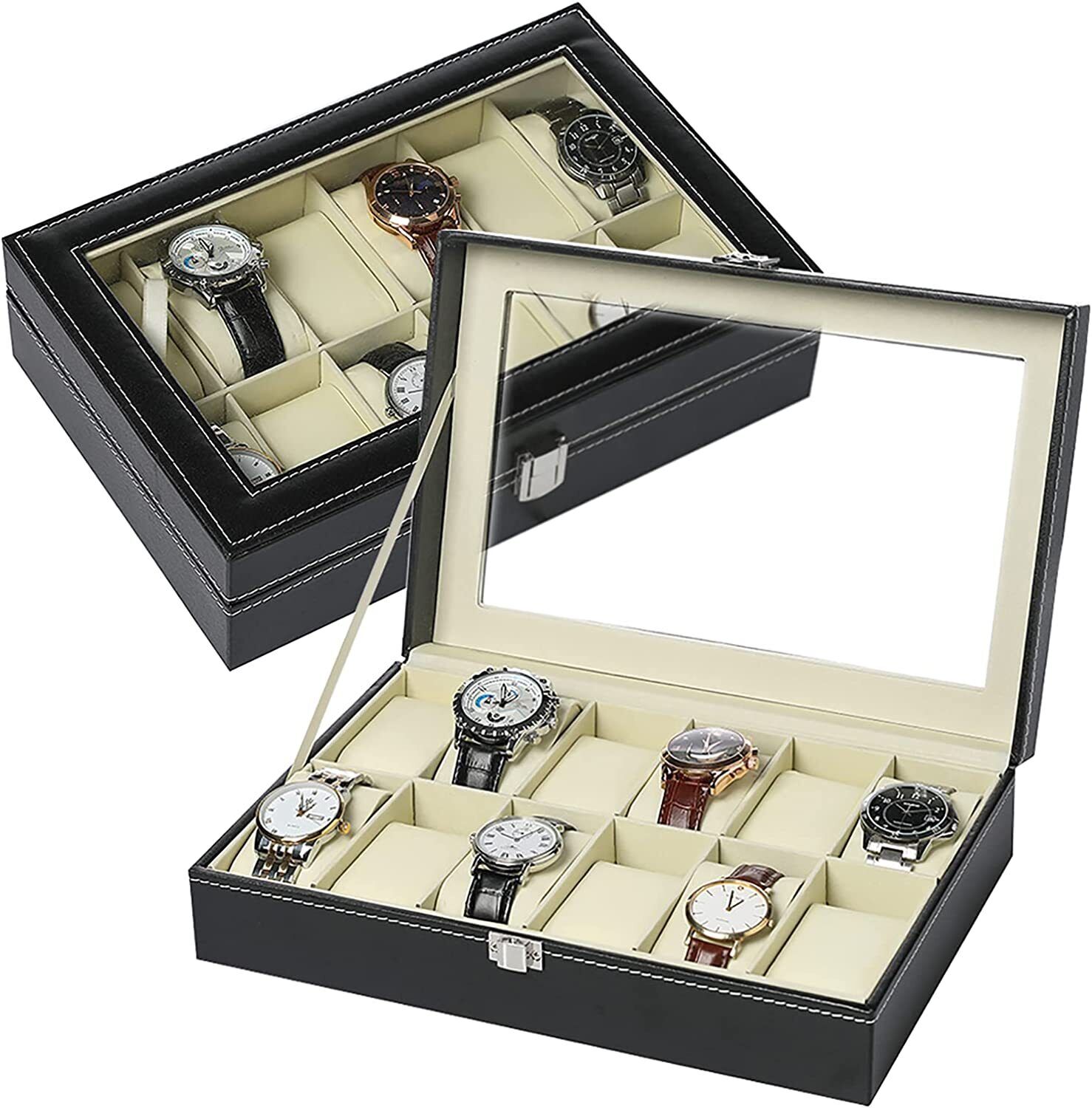 NEX 12Slot Leather Watch Case Organizer Jewelry Display Case Glass Top Lockable