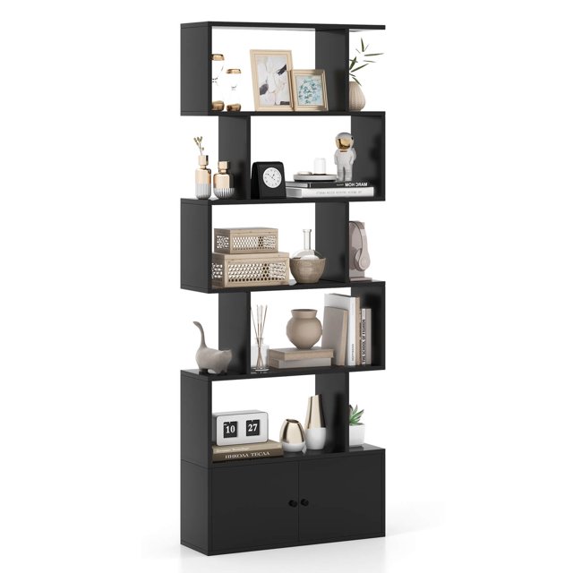 Costway 6-Tier S-Shaped Bookcase Storage Rack Bookshelf with Cabinet Anti-toppling Devices Black