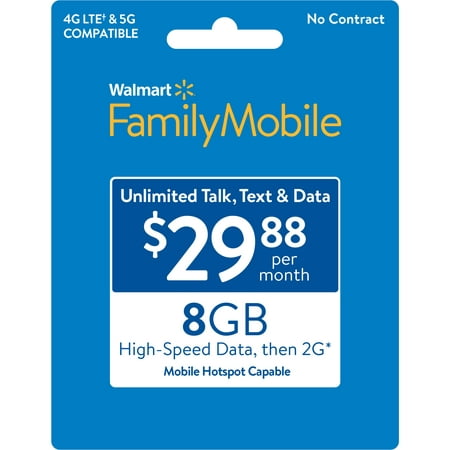 Walmart Family Mobile $29.88 Unlimited Monthly Prepaid Plan (8GB at High Speed, then 2G*) Direct Top Up