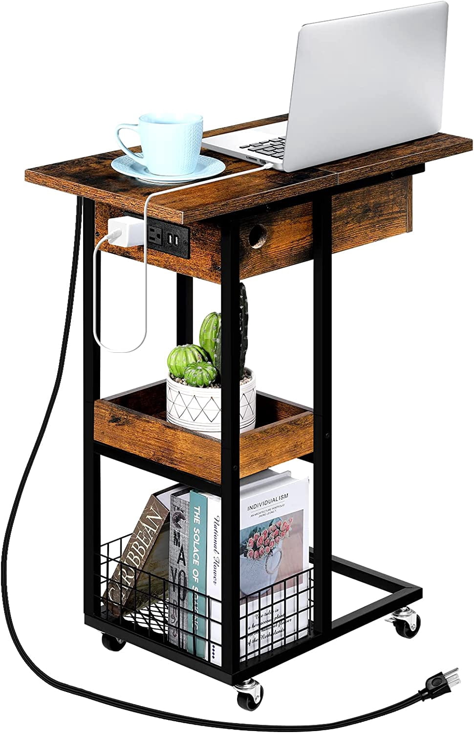 Oumilen Western Home C Shaped Small End Table with Storage Basket Rolling Casters in Rustic Burnt Wood, Build-In Fast Charging Station with USB Ports