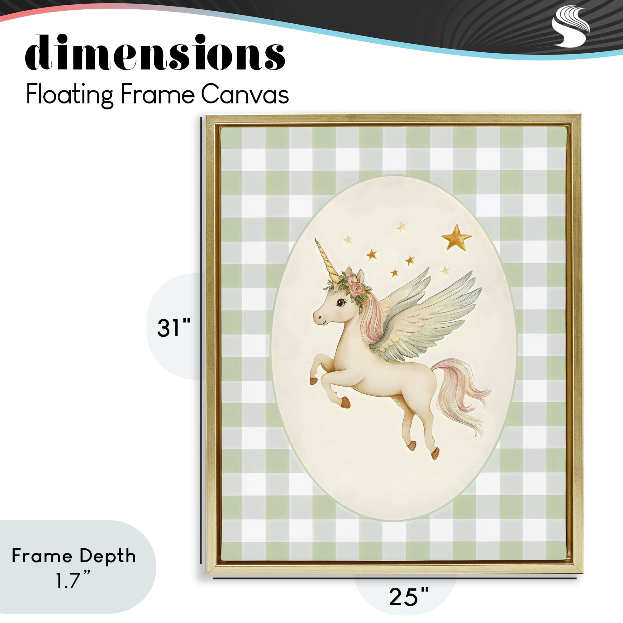 Stupell Industries Winged Unicorn over Green Gingham Gold Framed Floater Canvas Wall Art, design by Arlington Prints