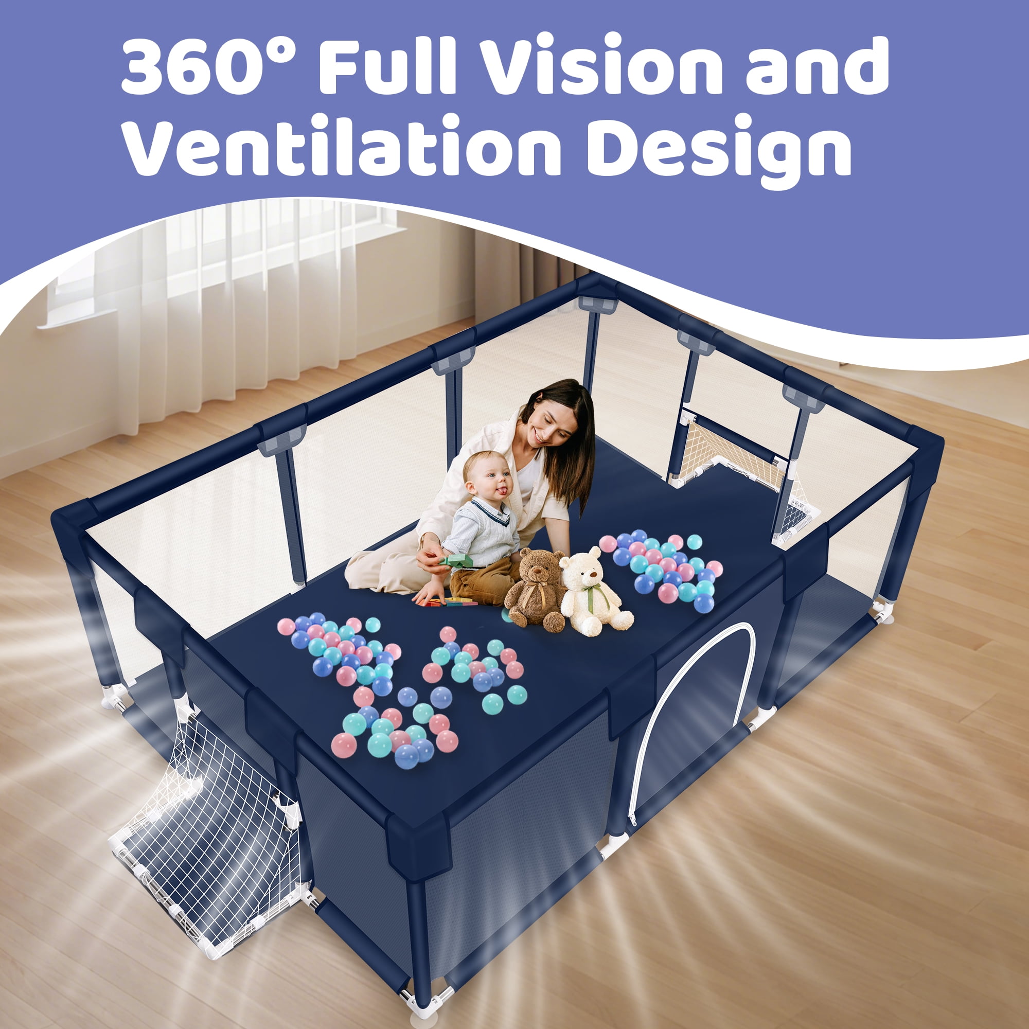 Baby Playpen, HDJ 71 inch Extra Large Baby Play Yard with Soft Breathable Mesh, Play Fence for Infant and Toddlers, Anti-Slip Base, Blue
