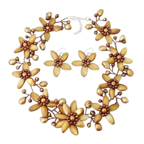 Aeravida Handmade Modish Gold Lily Mother of Pearl Freshwater Pearl Floral Jewelry Set (Thailand) by Overstock