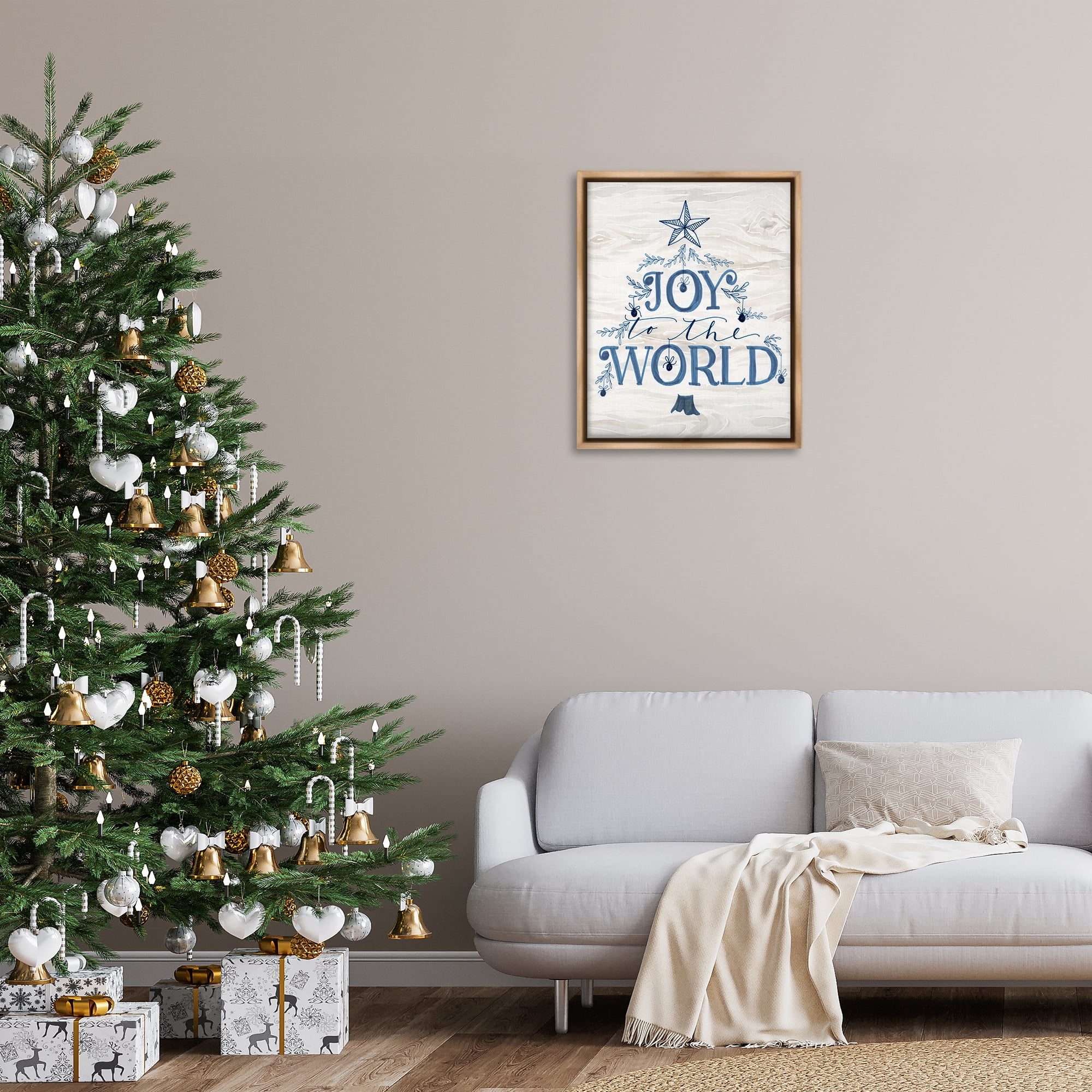 Stupell Industries Joy To World Tree Holiday Painting Brown Floater Framed Canvas Art Prints Wall Art, 25 x 31