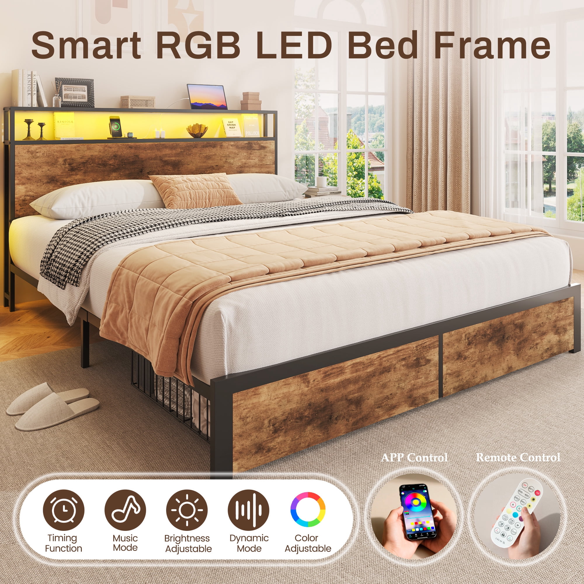 Lifezone Queen Bed Frame with 2-Tier Storage Headboard, Metal Bed Frame with Storage Drawers & Built-in Charging Station & LED, Noise-Free, No Box Spring Needed, Easy Assembly, Retro Brown