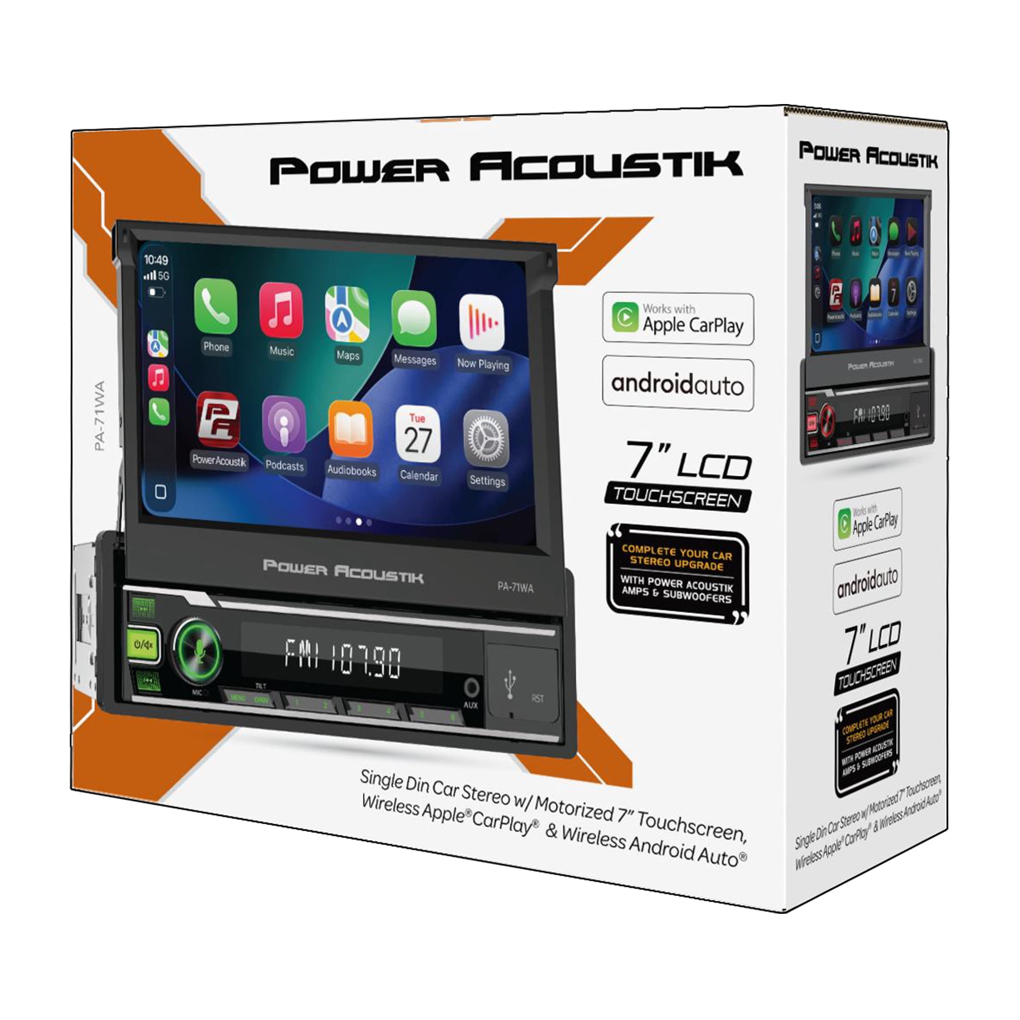 Power Acoustik PA-71WA Single DIN Car Stereo – 7” Touchscreen, Wireless Apple CarPlay & Android Auto, Bluetooth 5.0, USB Media Input, Backup Camera Ready