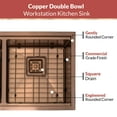 thumbnail image 4 of Strictly Sinks 32” Copper Undermount Workstation Kitchen Sink– Scratch and Stain Resistant –16 Gauge Double Bowl Bottom,Grid Wooden Cutting Board – Colander with Disposal Adapter & Strainer Drain, 4 of 7