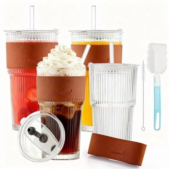 Lumikrypt 4Pcs 20Oz Ribbed Glass Tumblers with Straw Lids Glass Beverage Cup Set with Heat-Resistant Sleeves,Premium Coffee Cups, Ideal for Tea, Iced Coffee, Perfect Gift for Home or Office