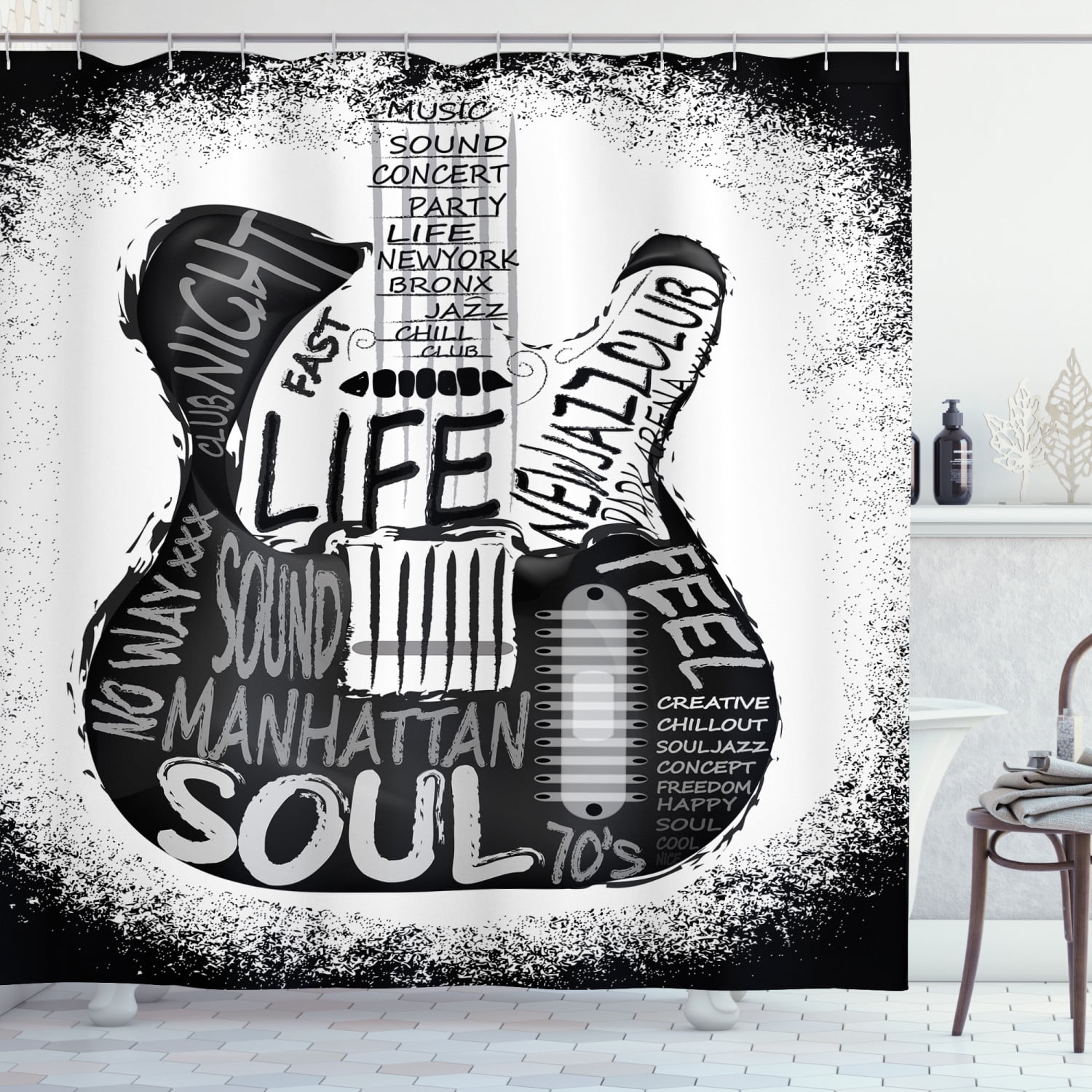 Guitar Shower Curtain, Monochrome Style Sketchy Calligraphy New Jazz