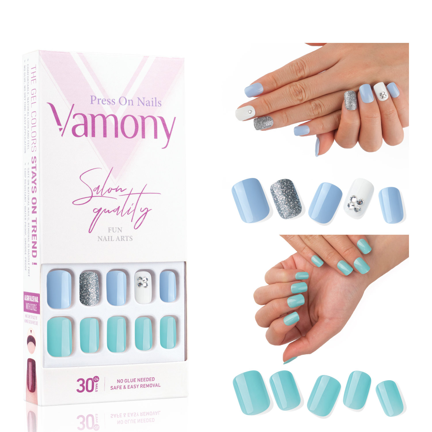 Vamony Press on Nails, 54 pcs Short Square Fake Nails, Presson Nails