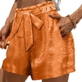 thumbnail image 4 of Oiangi Metallic Shorts for Women Elastic Waist Tie Front Boxers Sparkly Satin Straight Leg Shorts for Summer Party Orange S, 4 of 6