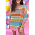 thumbnail image 5 of Plusashion Chic Pink Stripe Crochet Sweater - 3/4 Sleeve V-neck, Cozy & Stylish, 5 of 8