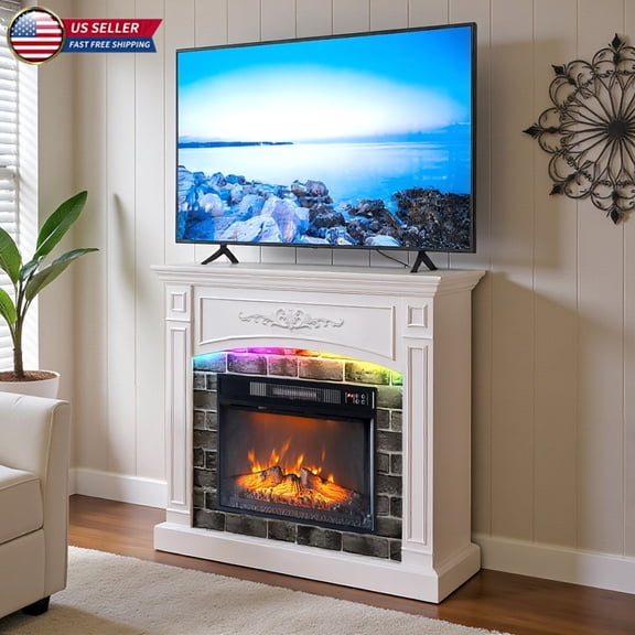 Hassch 43.4"W LED Mantel Stand with 1400W Electric Fireplace Insert, COB Lighting & Carved Design - White TV/Media Console for 55" TV, Remote Control Included