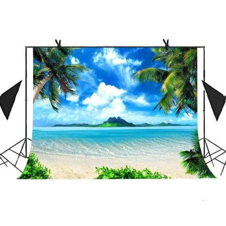 Image of GreenDecor 7x5ft Beach Landscape Backdrop Beach Sea Coco Blue Sky With Clouds Background Wedding Photography Props Party Curtain Background