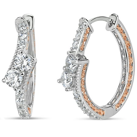 White Swarovski Cubic Zirconia Sterling Silver Two Tone Rhodium And 18kt Rose Gold Plated Double Bypass Oval Hoop Earrings