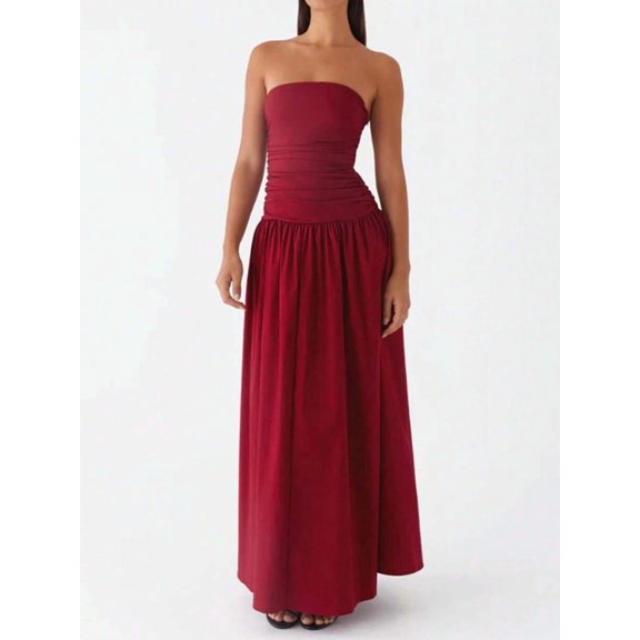 Red Strapless Ruched Drop Waist Maxi Dress Flowy A-Line Evening Gown