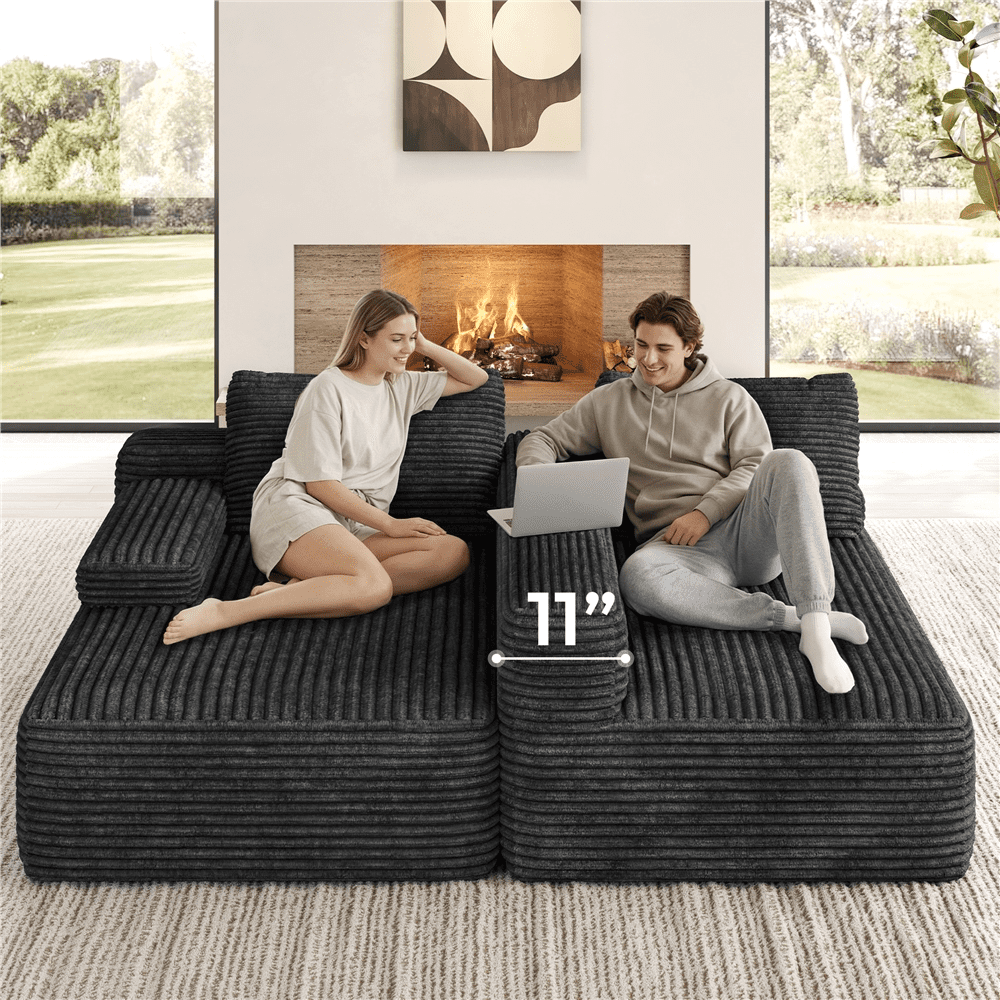 Renwick 110" Free Assembly L-Shaped Cloud Couch, Corduroy Sectional Sofa with 2 Armrests & 3 Detachable Pillows for Livingroom, Dark Gray