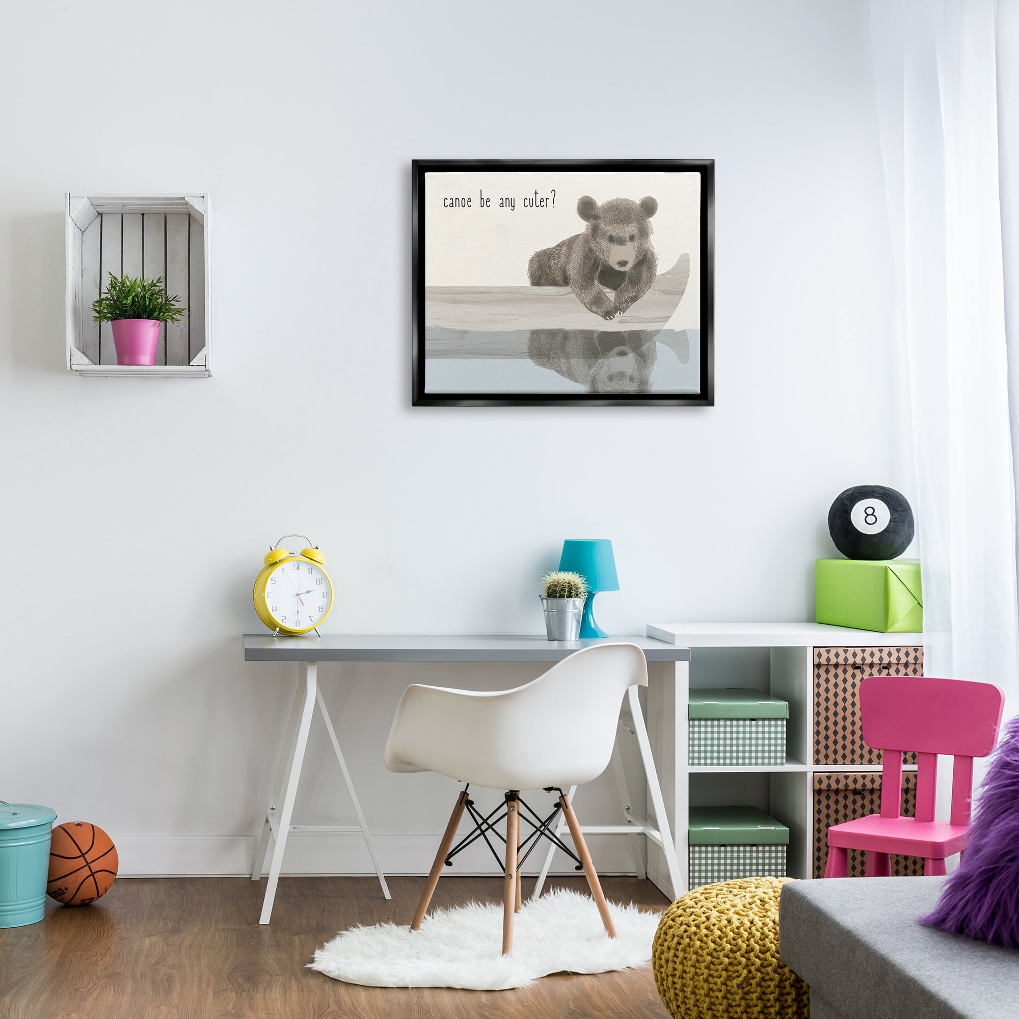 Stupell Industries Canoe Be Any Cuter Grey Blue and Off White Soft Nursery Neutral Baby Bear Jet Black Framed Floating Canvas Wall Art, 24x30, by Daphne Polselli