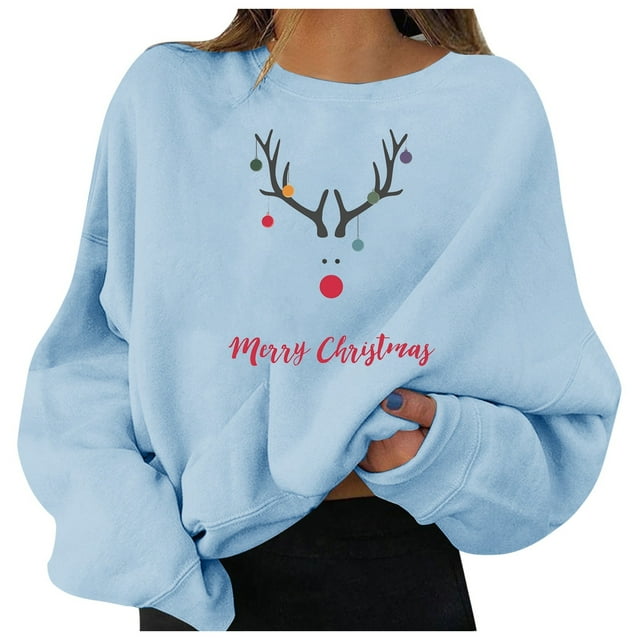 Aocisk Chandail à Col Rond à Manches Longues pour Femme avec Imprimé Graphique de Noël, Haut Décontracté à Motif Festif, Bleu Pâle, L
