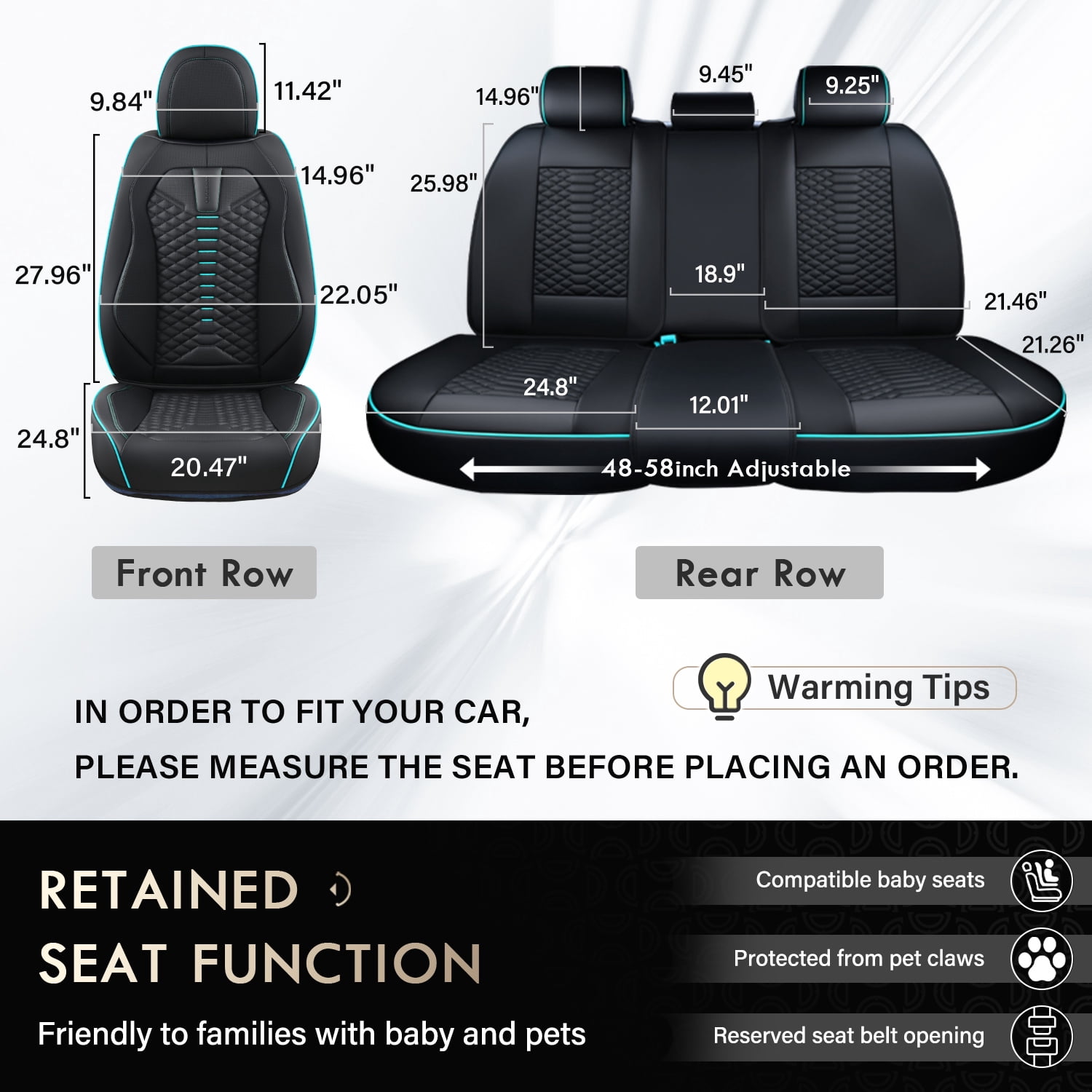 Coverado Black and Blue Trim Car Seat Covers Full Set, Premium Leather Front and Rear Split Bench Cover, Automotive Seat Protectors Universal Fit for Most Cars, SUVs and Trucks