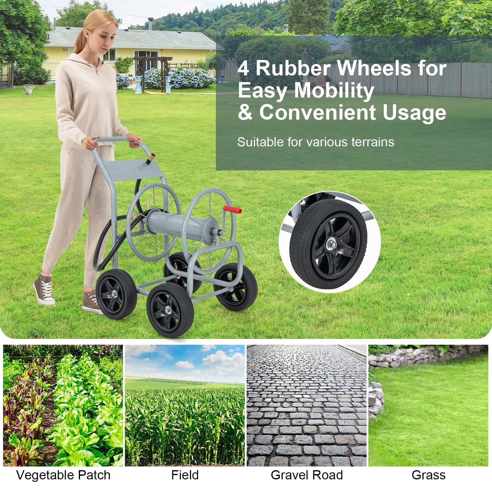 Topbuy 4-Wheel Garden Water Hose Reel Cart, Heavy Duty Wheel Water Planting Cart with Non-slip Crank Handle, Outdoor Slide Hose Guide System Grey