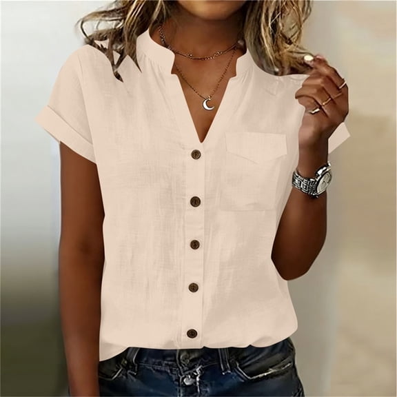 Women's Short Sleeve Blouse with Pockets and Turndown Collar