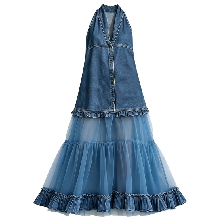 Xiaocha Womens Halter Denim Maxi Dress Button Front Ruffled Layered Dresses Boho Vacation Long Sundress, Women's, Size: 2XL, Blue