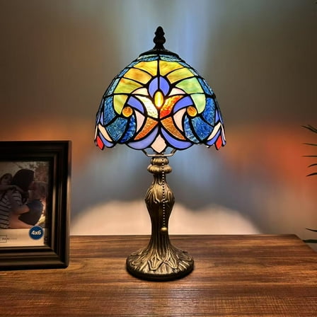 Tiffany Mini Table Lamp Green Blue Stained Glass LED Bulb Included for Living Room Bedroom Bedside 8" D*8" W*15" H