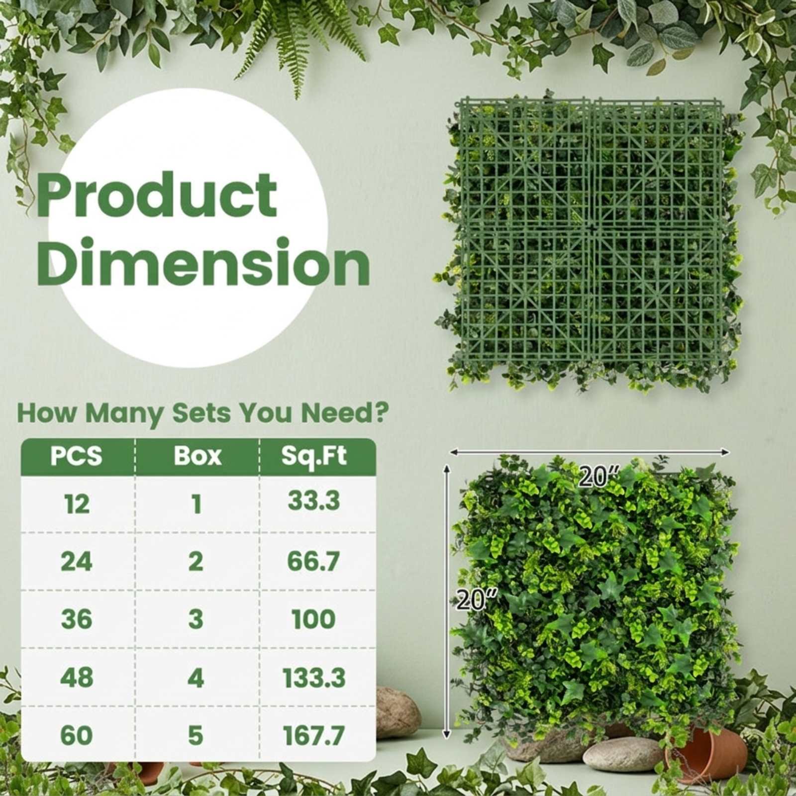 Vebreda Artificial Plant Decor, 12 Pieces 20 x 20 Inch Artificial Greenery Foliage Panels with Insertable Branches, Lush and Realistic Appearance