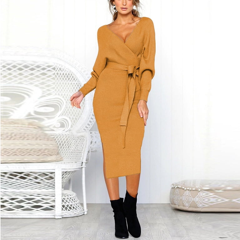sexy winter dresses for women Women's Knit Dress Deep V Neck Long Sleeve Fall Solid Tie Waist Casual Bodycon Midi Pencil Dress Ladies Clothes __badge_uk: Coming Soon |FFFFFF/000000 Black Scalloped Neck Long color:cork:#e8af8c