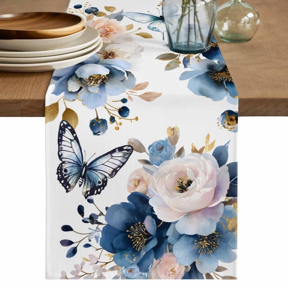 Vintage Blue Floral Table Runner 120 Inches, Farmhouse Watercolor Flower Butterflies Bed Runner Dresser Scarves Tabletop for Indoor Outdoor Parties/Ceremony/Banquet, 13"x 120"